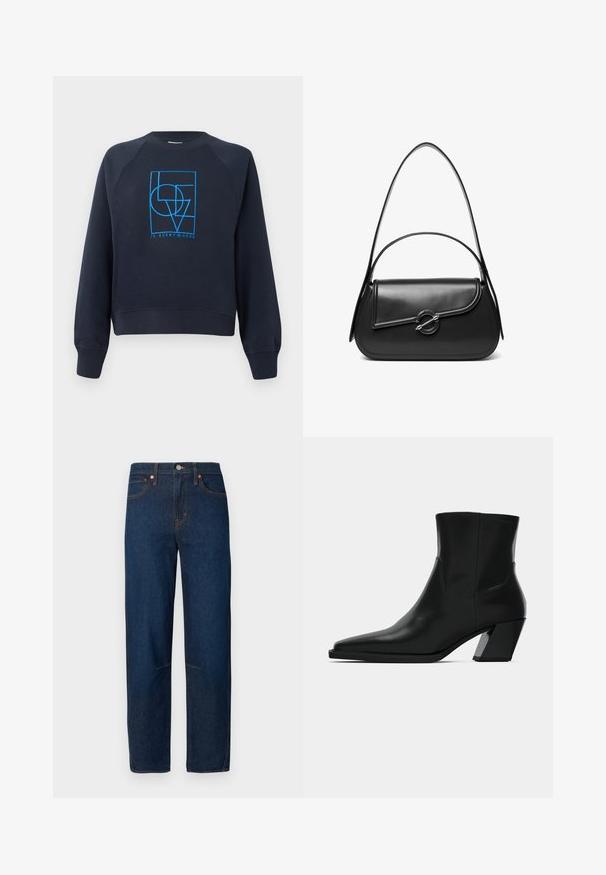 Marinblaues Crewneck-Sweatshirt mit langen Ärmeln, ausgestattet mit einem blauen geometrischen Design "LOVE ist überall", das mittig auf der Brust platziert ist.; Dunkelblaue Jeans aus Denim mit geradem Bein, Fünf-Taschen-Design und kontrastierenden Nähten. Ohne Verzierungen.; Schwarze Leder-Stiefelette mit spitzem Zeh, schlanker Silhouette und klobigem quadratischem Absatz. Glatte Textur mit minimalen Nähdetails.; Schwarze Lederschultertasche mit einer geschwungenen Klappe, die durch einen runden Metallverschluss gesichert ist, und einem schlanken, verstellbaren Riemen.
