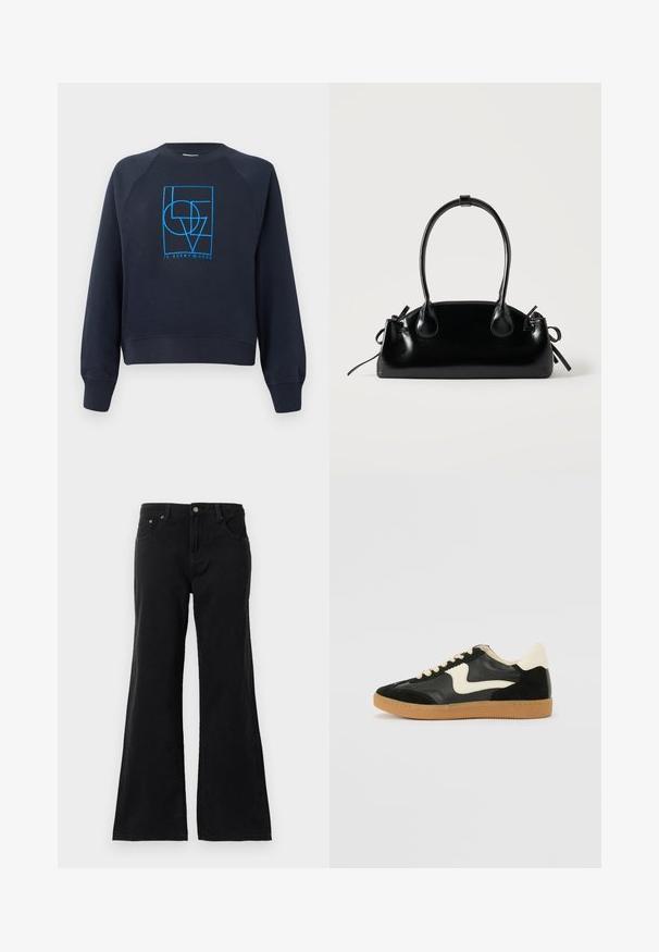 Sweatshirt bleu marine à col rond avec manches longues, présentant un design géométrique bleu "L'AMOUR est partout" centré sur la poitrine.; Jean en denim noir taille haute avec cinq poches et jambes évasées, affiché sur un fond blanc.; Baskets en daim et cuir noir avec un swoosh latéral crème et un talon crème clair. Dotées de lacets beige et d'une semelle en caoutchouc gomme.; Petit sac à main noir brillant avec deux longues anses et des détails à cordon sur les côtés sur un fond clair uni.