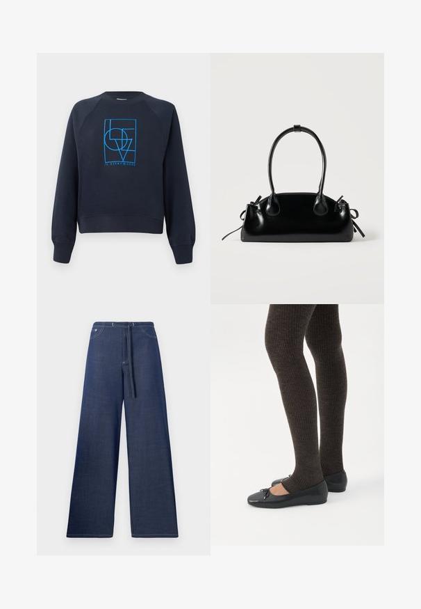 Sweatshirt bleu marine à col rond avec manches longues, présentant un design géométrique bleu "L'AMOUR est partout" centré sur la poitrine.; Pantalon en denim à jambes larges, couleur bleu foncé, avec une taille à cordon, des poches avant et des coutures blanches contrastantes.; Jambes portant des leggings côtelés foncés associés à des ballerines noires avec de petits détails en nœud sur fond blanc.; Petit sac à main noir brillant avec deux longues anses et des détails à cordon sur les côtés sur un fond clair uni.