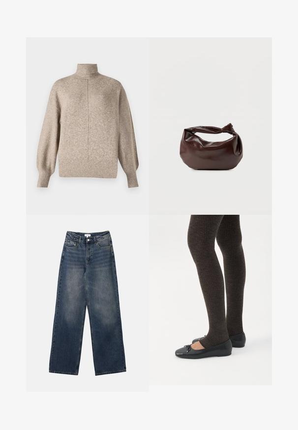 Vero Moda VMDOFFY - Pullover - sepia tint; Jeans en denim bleu taille haute pour hommes, avec jambes larges, bouton et fermeture éclair à l'avant, ainsi que poches avant et arrière.; Jambes portant des leggings côtelés foncés associés à des ballerines noires avec de petits détails en nœud sur fond blanc.; Sac bandoulière en cuir marron foncé avec une forme souple et décontractée et une anse nouée torsadée sur un fond blanc uni.