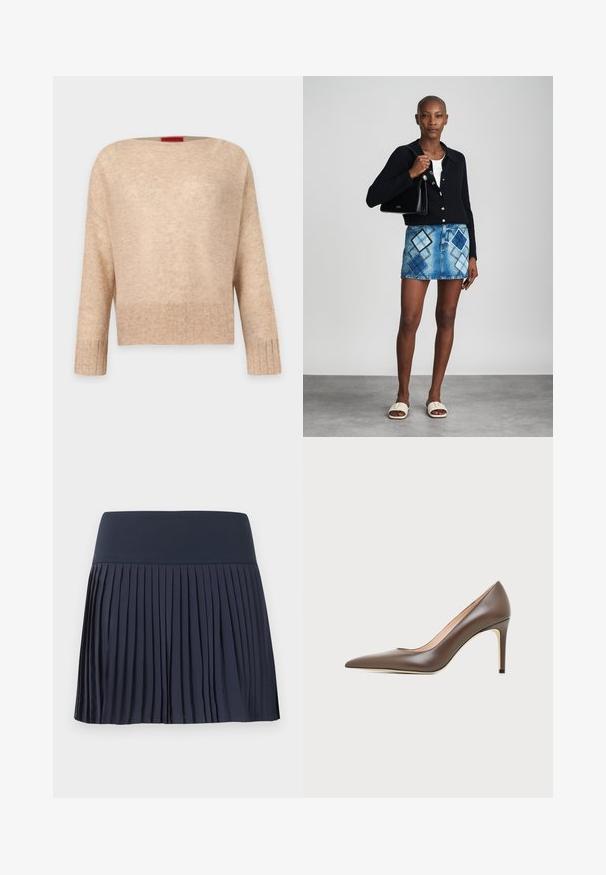 Pull beige à manches longues en maille côtelée, col rond large, coupe décontractée et texture subtile ; présenté sur un fond clair uni.; Jupe plissée bleu marine avec une large ceinture plate, longueur genou, réalisée en tissu léger, présentée sur un fond blanc uni.; Chaussure à talon haut en cuir marron à bout pointu avec un talon aiguille fin et une finition lisse sur un fond clair.; Un cardigan en maille noir, un haut blanc, une jupe en denim avec un motif de diamants bleus et noirs, un sac à main noir et des sandales à enfiler beiges.