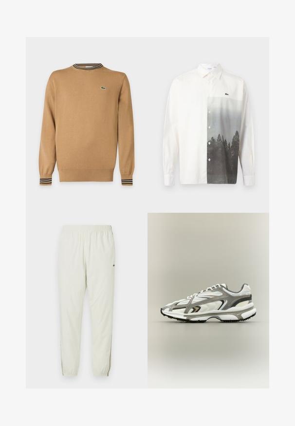 Pull beige à manches longues avec poignets et ourlet côtelés, détail col rayé et petit logo crocodile vert sur la poitrine.; Chemise blanche à manches longues avec boutons, ornée d'un paysage forestier en niveaux de gris imprimé sur le côté droit avant et d'un petit logo de crocodile vert.; Jogging léger crème avec une taille élastique, des chevilles resserrées, des fentes latérales et un petit logo vert sur la cuisse supérieure.; Chaussure de sport avec une tige en mesh blanc, des accents gris, une semelle en caoutchouc noire et un design épuré. Elle présente des lacets et des détails texturés.