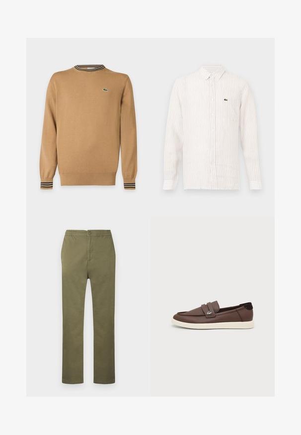 Pull beige à manches longues avec poignets et ourlet côtelés, détail col rayé et petit logo crocodile vert sur la poitrine.; Chemise à rayures claires avec des manches longues, col boutonné et un petit logo vert sur la poche gauche de la poitrine. En coton.; Pantalon en coton léger de couleur vert olive avec une taille élastiquée, une fermeture à boutons, et une coupe droite. Pas de motifs ou accents visibles.; Mocassin en cuir marron avec semelle en caoutchouc blanche, design slip-on et petit logo crocodile métallique sur la lanière latérale.