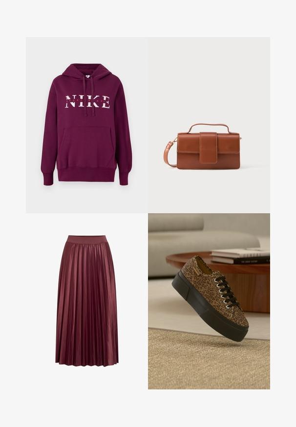 Lilla Nike hoodie med en frontlomme, snoretræk i hætten og stor hvid tekst "NIKE SPORTWEAR." Blødt stof og ribbede manchetter.; Lang plisseret nederdel i skinnende mørk bordeaux stof med en glat talje og flydende lodrette folder.; Sneaker med leopardprint, tyk sort plateau-sål og sorte snørebånd, placeret over et beige tæppe og et træbord med bøger.; Brun læderhåndtaske med et struktureret design, rektangulær form, topgreb og aftagelig rem. Har en frontklaplukning.