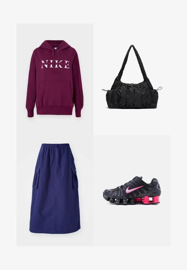 Lilla Nike hoodie med en frontlomme, snoretræk i hætten og stor hvid tekst "NIKE SPORTWEAR." Blødt stof og ribbede manchetter.; Marineblå, mellemlang nederdel med elastisk talje, der har to sidelommer og et minimalistisk logodesign. Glat stofstruktur.; Sort atletiksko med opdelt forårssål, lys pink Nike-swoosh og pink bagerste såldele, vist fra højre side mod hvid baggrund.; Sort stof handbag med samlede strukturer, to skulderremme og snorelukning i siderne. Glat, let materiale.