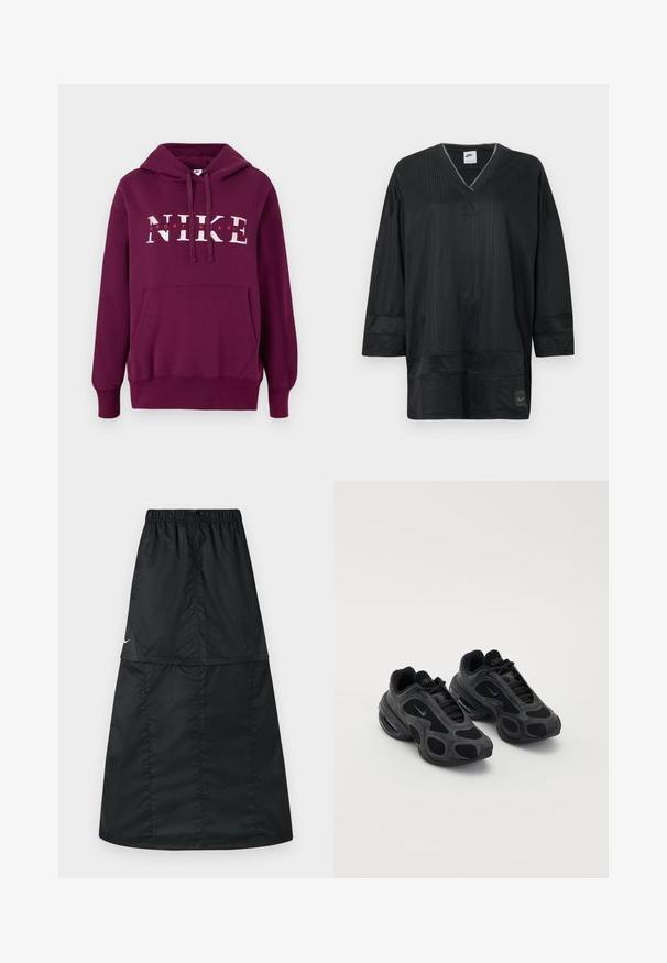 Lilla Nike hoodie med en frontlomme, snoretræk i hætten og stor hvid tekst "NIKE SPORTWEAR." Blødt stof og ribbede manchetter.; Sort Nike kortærmet trøje med V-hals, med lodret ribstruktur, syninger og et logo på venstre bryst. Letvægtsstof.; Sort atletisk nederdel lavet af let, glat nylonstof. Har elastisk taljebånd og et enkelt, langt, A-formet design.; Sorte Nike sneakers med mesh- og suede-paneler, unikke udsparinger og polstrede kraver. Skinnende accenter på siderne fremhæver et moderne design.