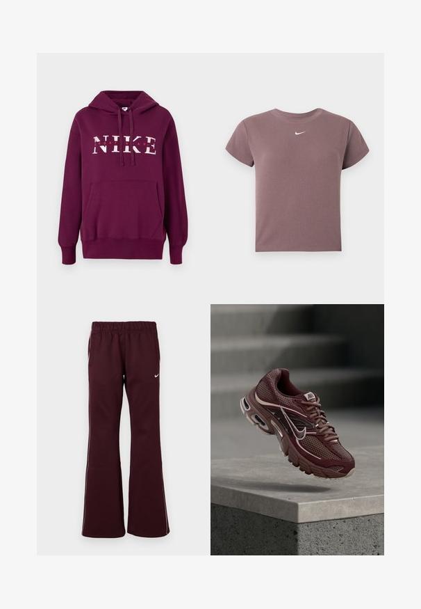 Lilla Nike hoodie med en frontlomme, snoretræk i hætten og stor hvid tekst "NIKE SPORTWEAR." Blødt stof og ribbede manchetter.; Mauve ribbet kortærmet crop top med rund hals og lille hvid Nike-logo centreret under halsudskæringen.; Bordeauxfarvede træningsbukser med flagrende design, elastisk talje og sidelommer. Har hvide kantbånd og et lille logo på forsiden.; Bordeauxrød Nike løbesko med meshstof, polstret krave, tyk sål og hvide detaljer. Designet har en rundet tå og markante snørebånd.