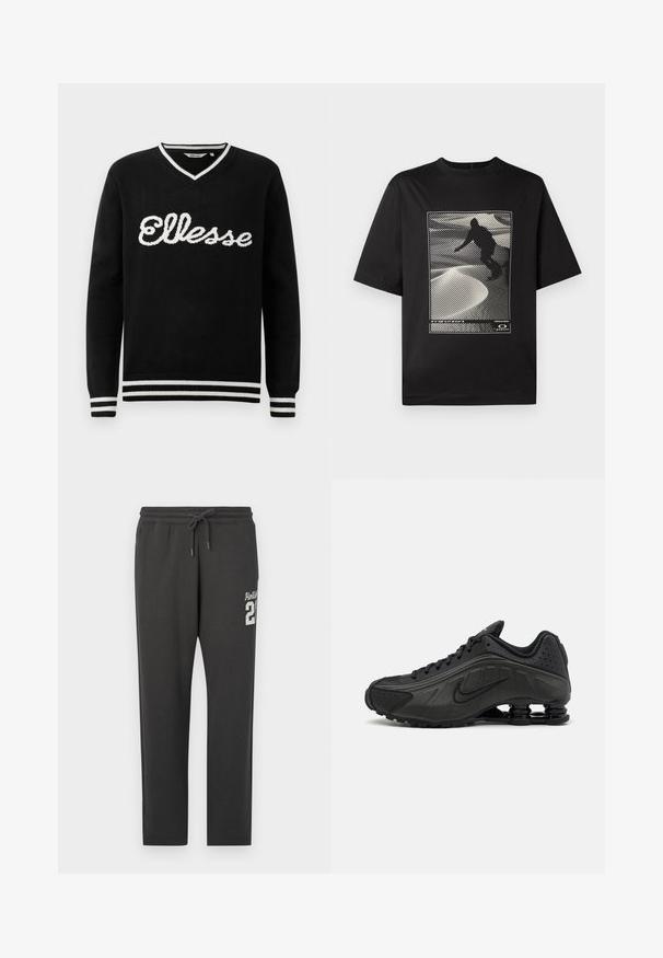 Zwarte V-hals trui met witte "Ellesse" logo op de borst en witte strepen op de kraag, manchetten en onderrand.; Zwarte t-shirt met korte mouwen featuring een grafische print van een silhouet op een gestructureerde witte ondergrond met lineaire patronen.; Donkergrijze sweatpants met elastische tailleband en trekkoord, voorzien van witte "Hollister 21" tekst op de bovenste linkerkant van de dij.; Zwarte hardloopschoenen met een glad bovenwerk van synthetisch materiaal, geperforeerde accenten, gestructureerde zijpanelen en een opvallende veerkrachtige zool.
