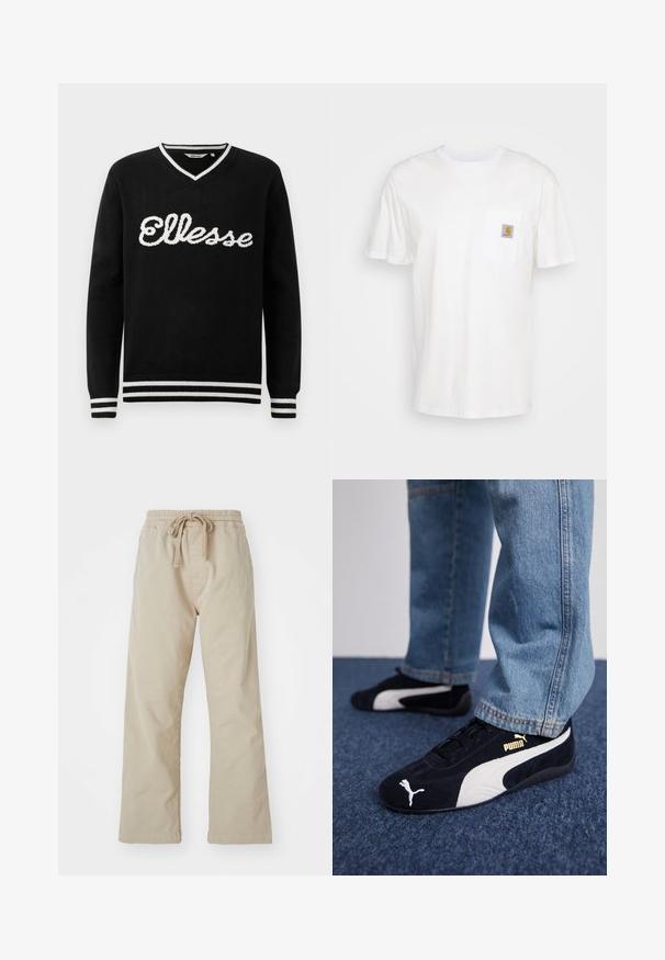 Čierny sveter s V-výstrihom a bielym logom "Ellesse" na prednej strane. Biely prúžok na golieri, manžetách a spodnom leme.; Biele bavlnené tričko s krátkymi rukávmi, vreckom na hrudi a malou štvorcovou nášivkou v oranžovej a bielej farbe na vrecku.; Béžové bavlnené nohavice s elastickým pásom a šnúrkou na stiahnutie. Rovný strih, hladká textúra a žiadne viditeľné vzory ani akcenty.; Čierne semišové tenisky s bielymi akcentmi, so zlatým logom. Nosené s svetlomodrými denimovými džínsy a položené na textúrovanej modrej ploche.