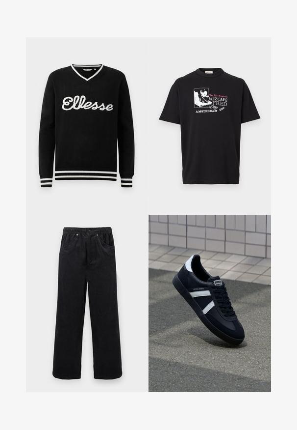 Čierny sveter s V-výstrihom a bielym logom "Ellesse" na prednej strane. Biely prúžok na golieri, manžetách a spodnom leme.; Čierne tričko s grafikou jazzového hudobníka hrajúceho na trúbku a textom "Jazz Café Fred Amsterdam City" v bielej a ružovej farbe.; Čierne široké kordové nohavice s elastickým pásom, zapínaním na gombík a zips, a prednými vreckami na svetlom pozadí.; Čierne kožené tenisky s bielymi pruhmi, textúrovanou gumovou podrážkou a šnurovaním vpredu. Obsahujú označenie značky na jazyku.