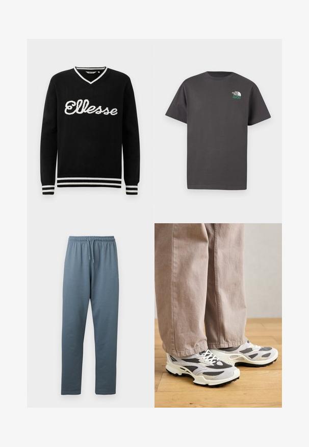 Schwarzer V-Ausschnitt-Pullover mit weißem "Ellesse"-Logo über der Brust und weißen Streifen an Kragen, Manschetten und Saum.; Dunkelgraues T-Shirt mit kurzen Ärmeln und Rundhalsausschnitt, mit kleinem weißen und grünen "The North Face 1966"-Logo auf der oberen linken Brust.; Blaugraue Sweatpants mit elastischem Bund, verstellbarem Kordelzug und geraden Beinen, dargestellt vor weißem Hintergrund.; Person, der beiger weit geschnittener Hose und grau-weißen Sneakern steht auf einem Holzboden.