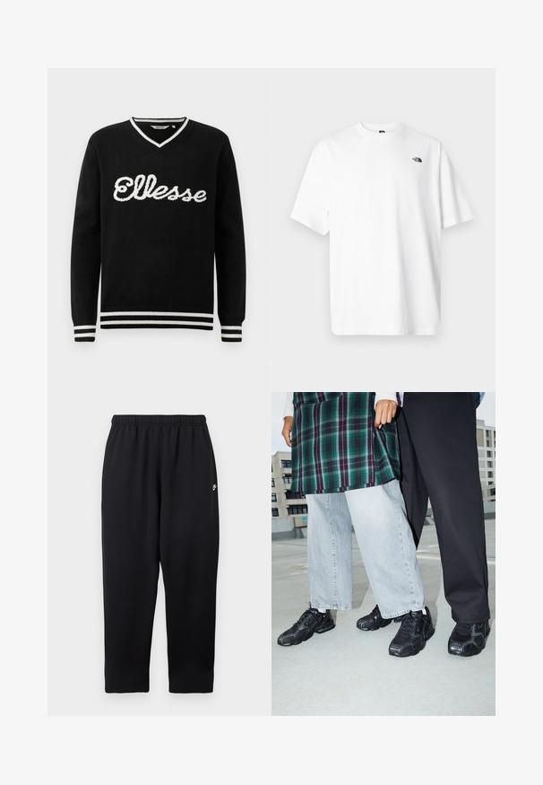 Zwarte V-hals trui met witte "Ellesse" logo op de borst en witte strepen op de kraag, manchetten en onderrand.; Wit katoenen T-shirt met korte mouwen, V-halsontwerp, met een klein zwart logo aan de linker bovenzijde. Zachte textuur, comfortabele pasvorm.; Zwarte sweatpants met een elastische tailleband, voorzien van een klein wit logo aan de linkerkant. Gemaakt van een zachte, lichtgewicht stof. Recht pijp model.; Zwarte sportieve schoenen met mesh- en rubberaccenten. Draagt een lichtgrijze wijde spijkerbroek en een groen geruit shirt. Effen achtergrond.