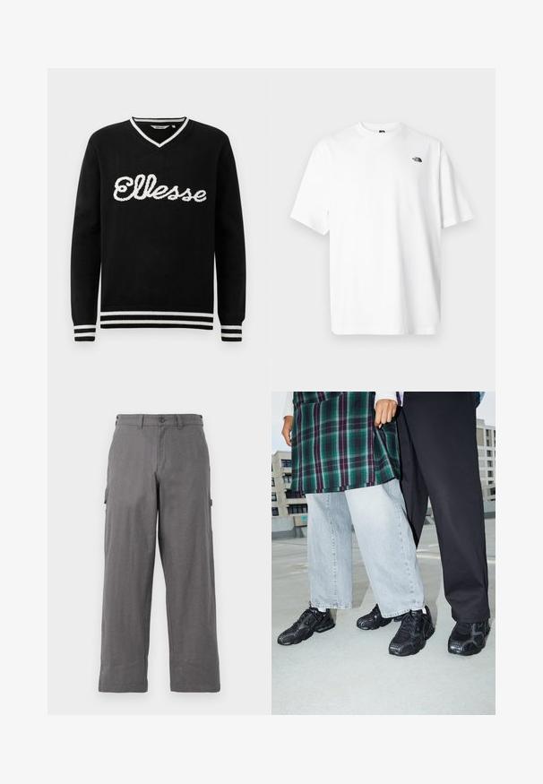Čierny sveter s V-výstrihom a bielym logom "Ellesse" na prednej strane. Biely prúžok na golieri, manžetách a spodnom leme.; Biele bavlnené tričko s krátkymi rukávmi, dizajnom s výstrihom do V, s malým čiernym logom na hornej ľavej strane. Mäkká textúra, voľný strih.; Sivé cargo nohavice s priamym strihom, vyrobené z odolnej tkaniny. Obsahujú bočné vrecká a zapínanie na gombík v páse.; Čierne športové topánky s sieťovinou a gumovými akcentmi. Nosené s svetlošedými širokými džínsami a kockovaným zeleným topom. Pozadie s plochým povrchom.