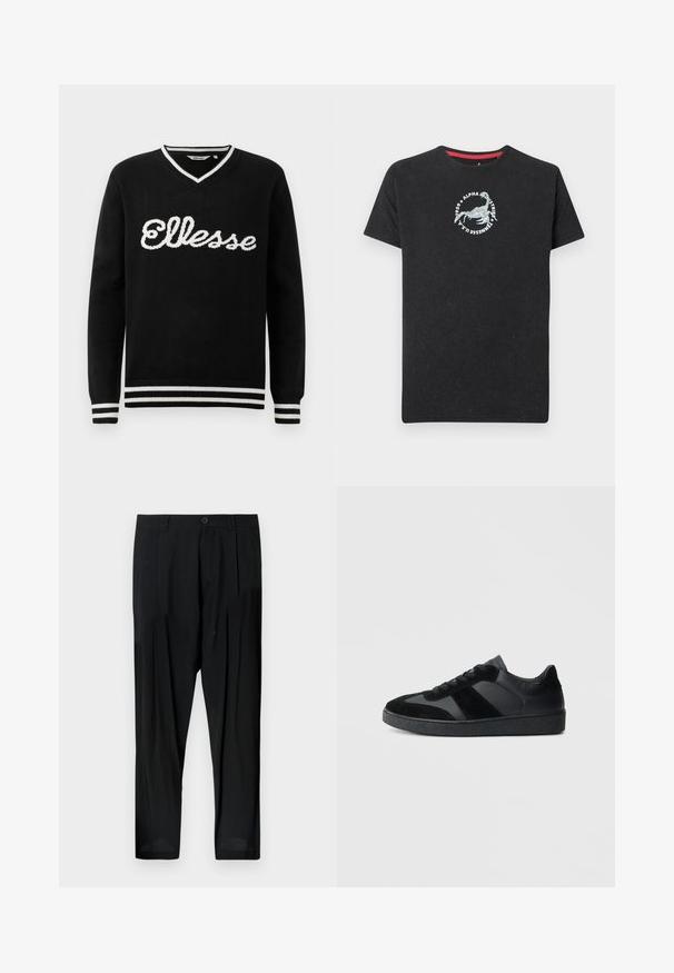 Jersey negro de cuello en V con el logotipo blanco de "Ellesse" en el pecho y franjas blancas en el cuello, los puños y el dobladillo.; Camiseta negra de manga corta con un gráfico circular blanco de un escorpión y el texto "Alpha Industries 1959 Tennessee U.S.A." en el pecho.; Pantalones negros de tela suave, con diseño de pierna recta, pinzas delanteras y cierre de un solo botón en la cintura.; Zapatillas negras que combinan cuero liso y ante, con una suela de goma negra texturizada y un sutil detalle de rayas.