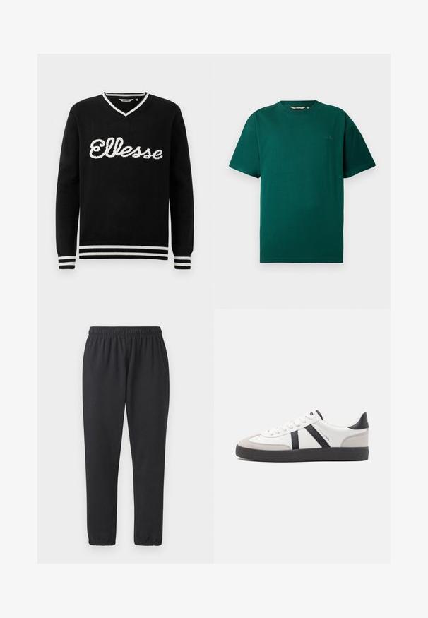 Sort V-hals sweater med hvid "Ellesse" logo over brystet og hvide striber på kraven, manchetterne og kanten.; Kortærmet t-shirt i mørkegrøn bomuld, med en rund halsudskæring og diskret logo-detalje på brystet. Glat tekstur og afslappet pasform.; Sorte atletiske bukser lavet af blødt stof, med elastisk talje, sidelommer og tætsiddende ben med ribbede manchetter.; Hvide sneakers med sorte og grå detaljer, med en tekstureret grå tåhætte, sort gummisål og flade hvide snørebånd. Rent design, minimalistisk stil.