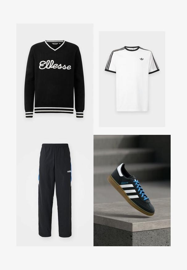 Sort V-hals sweater med hvid "Ellesse" logo over brystet og hvide striber på kraven, manchetterne og kanten.; Hvid bomulds t-shirt med sort ribkant ved hals og ærmer, med tre sorte striber på hver skulder og et lille logo på brystet.; Sorte træningsbukser med elastisk talje, prydet med blå og hvide grafiske detaljer på siderne og et broderet logo.; Sort Adidas sneaker med hvide striber, blå snørebånd og gummisål, der svæver over gråt betontrin i blødt lys.