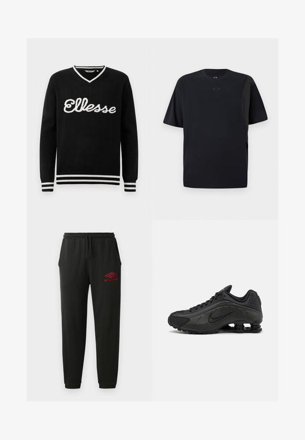 Schwarzer V-Ausschnitt-Pullover mit weißem "Ellesse"-Logo über der Brust und weißen Streifen an Kragen, Manschetten und Saum.; Schwarzes Kurzarm-T-Shirt aus glattem Stoff, mit einem asymmetrischen Design und einem kleinen Logo auf der Brust.; Schwarze Jogginghose mit elastischem Bund und Bündchen, Seitentaschen und rotem Umbro-Logo am linken Oberschenkel.; Schwarze Laufschuhe mit einem glatten synthetischen Obermaterial, durchbrochenen Akzenten, strukturierten Seitenpaneelen und einer ausgeprägten federnden Sohle.