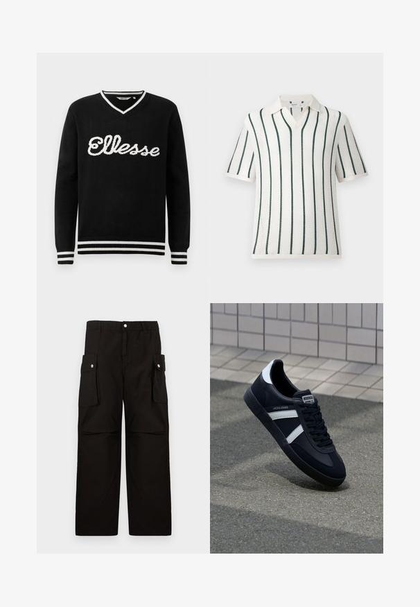 Zwarte V-hals trui met witte "Ellesse" logo op de borst en witte strepen op de kraag, manchetten en onderrand.; Witte gebreide polo met korte mouwen, donkergroene verticale strepen en een zachte kraag, afgebeeld op een effen lichte achtergrond.; Zwarte cargobroek van zachte stof, met een elastische tailleband, zijzakken met kleppen en een losse, rechtvallende pasvorm.; Zwarte leren sneaker met witte strepen, een gestructureerde rubberen zool en vetersluiting aan de voorkant. Voorzien van een merklabel op de tong.