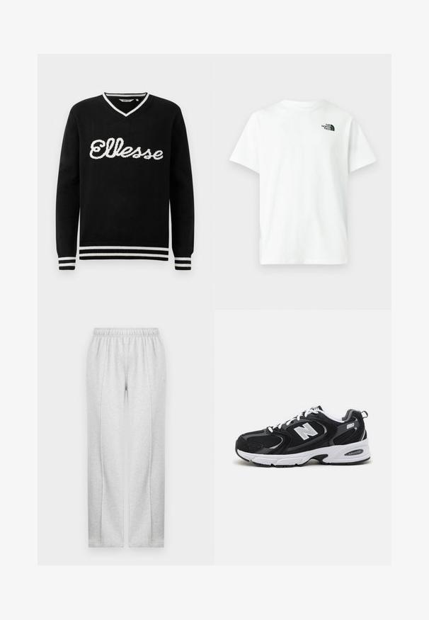 Zwarte V-hals trui met witte "Ellesse" logo op de borst en witte strepen op de kraag, manchetten en onderrand.; Wit katoenen T-shirt met korte mouwen en een ronde hals, met een klein zwart logo van The North Face op de linkerborst.; Grijze sweatpants met een elastische tailleband, rechte pijpen en subtiele zijnaad. Gemaakt van zachte, lichtgewicht stof. Minimalistisch ontwerp.; Zwarte en grijze sport schoenen met een bovenwerk van mesh en suede, voorzien van een witte tussenzool, veters en een gedurfde "N"-logo aan de zijkant.