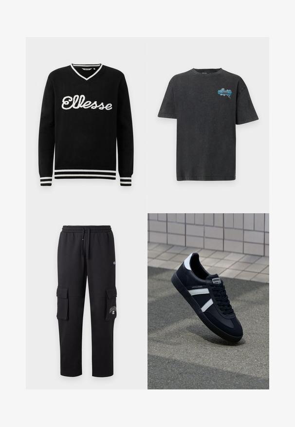 Schwarzer V-Ausschnitt-Pullover mit weißem "Ellesse"-Logo über der Brust und weißen Streifen an Kragen, Manschetten und Saum.; Schwarzes T-Shirt mit kurzen Ärmeln, verwaschenem Look und kleinem blauen "Nissan"-Logo auf der oberen linken Brust.; Schwarze Cargo-Hosen aus weichem Material, mit zwei Seitentaschen, einem elastischen Bund und einem Logodetail am linken Bein.; Schwarze Leder-Sneaker mit weißen Streifen, strukturiertem Gummisohle und Schnürung. Verfügt über ein Markenetikett auf der Zunge.
