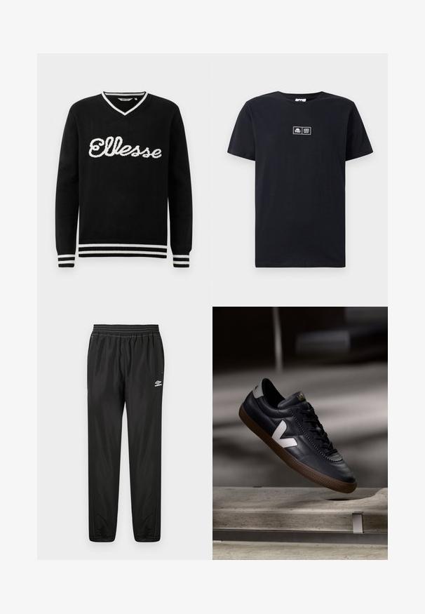Čierny sveter s V-výstrihom a bielym logom "Ellesse" na prednej strane. Biely prúžok na golieri, manžetách a spodnom leme.; Čierne bavlnené tričko s krátkymi rukávmi a okrúhlym výstrihom. Na prednej strane sa nachádza logo s textom. Jednoduchý, bez ozdobný dizajn.; Čierne tréningové nohavice Umbro s elastickým pásom, bočnými vreckami, zúženými nohavicami a logom na pravej stehne na bielom pozadí.; Čierne kožené tenisky s bielym logom V, šnurovanie vpredu, perforované detaily a hnedá gumová podošva; štíhly dizajn s minimálnymi akcentmi.