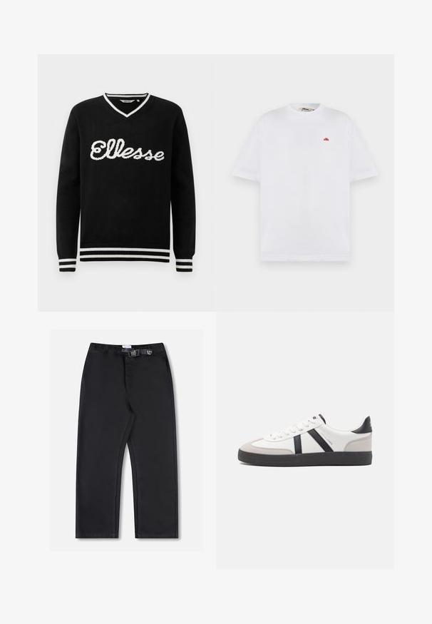Čierny sveter s V-výstrihom a bielym logom "Ellesse" na prednej strane. Biely prúžok na golieri, manžetách a spodnom leme.; Biele tričko s krátkym rukávom, okrúhlym výstrihom a malým červeným logom na ľavej strane hrudníka.; Čierne nohavice rovného strihu s elastickým pásom a bočným zapínaním na pracku, zobrazené na bielom pozadí.; Biele tenisky s čiernymi a šedými akcentmi, s textúrovanou šedou špičkou, čiernou gumovou podrážkou a plochými bielymi šnúrkami. Čistý dizajn, minimalistický štýl.