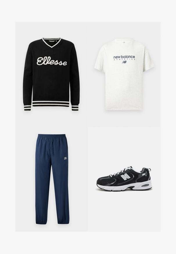 Čierny sveter s V-výstrihom a bielym logom "Ellesse" na prednej strane. Biely prúžok na golieri, manžetách a spodnom leme.; Biele krátke rukávy, tričko s okrúhlym výstrihom, na prednej strednej časti tmavomodro potlačený nápis "new balance ATHLETICS" a logo "NB".; Námornícke modré teplákové nohavice Umbro s elastickým pásom a manžetami, bočnými vreckami a logom Umbro na ľavom stehne.; Čierne a šedé športové topánky s hornou časťou z mikrovlákna a zamatu, s bielou medzipodrážkou, šnúrkami a výrazným logom "N" na boku.