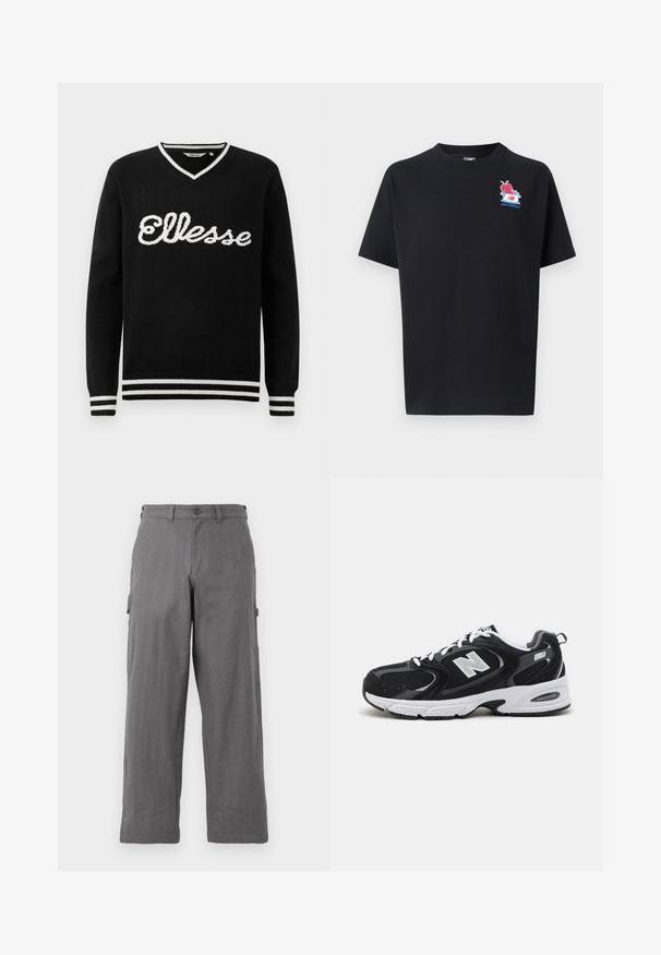 Musta V-paita, jossa valkoinen "Ellesse" -logo rinnan kohdalla ja valkoiset raidat kauluksessa, hihoissa ja helmassa.; Musta puuvillainen t-paita pyöreällä kaula-aukolla. Rinnassa pieni värikäs hahmografiikka ja teksti "new balance".; Harmaat cargo-housut, joissa on suora lahje, valmistettu kestävästä kankaasta. Sisältää sivutaskut ja napin sulkemisen vyötäröllä.; Mustat ja harmaat urheilukengät, joissa on verkkokangas- ja keinonahka päällyste, valkoinen välipohja, nauhat sekä rohkea "N"-logo sivussa.