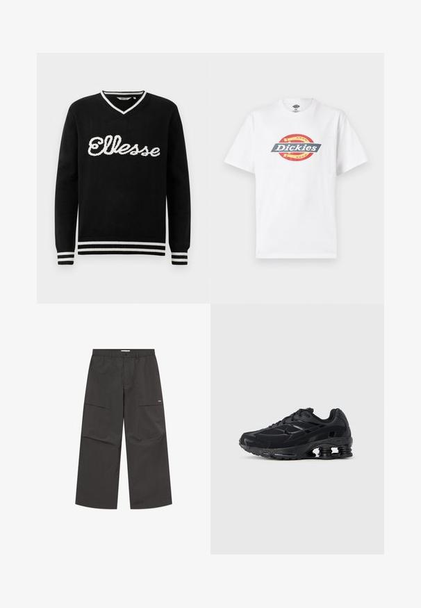 Čierny sveter s V-výstrihom a bielym logom "Ellesse" na prednej strane. Biely prúžok na golieri, manžetách a spodnom leme.; Biele bavlnené tričko s farebným kruhovým logom a slovom "Dickies" tučným písmom. Krátke rukávy, okrúhly výstrih a hladký materiál.; Čierne široké nohavice s náprsnými vreckami vpredu, elastickým pásom, zapínaním na gombík a malým bielym logom na pravom stehne.; Čierna športová obuv s hornou časťou z mikrovlákna, polstrovaným golierom a výraznou tlmiacou technológiou na päte. Má textúrované detaily a šnúrky.
