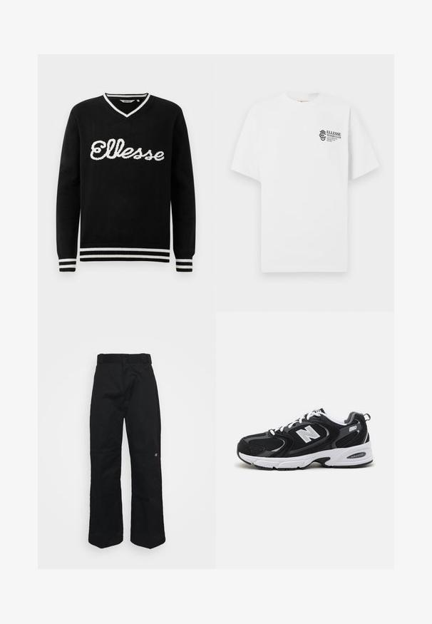 Schwarzer V-Ausschnitt-Pullover mit weißem "Ellesse"-Logo über der Brust und weißen Streifen an Kragen, Manschetten und Saum.; Weißes T-Shirt mit kurzen Ärmeln und Rundhalsausschnitt, mit kleinem schwarzem Ellesse Tennis Club Logo und Schriftzug auf der linken Brust.; Schwarze Hosen aus stabilem Stoff mit geradem Bein, Bundschlaufen und einem kleinen Logo an der unteren Seite.; Schwarze und graue Sportschuhe mit Obermaterial aus Mesh und Wildleder, ausgestattet mit einer weißen Zwischensohle, Schnürsenkeln und einem markanten "N"-Logo an der Seite.