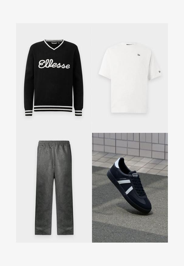 Zwarte V-hals trui met witte "Ellesse" logo op de borst en witte strepen op de kraag, manchetten en onderrand.; Witte katoenen t-shirt met korte mouwen, een ronde hals en een klein zwart logo op de linker borst en de rechter mouw.; Grijze, lichte sweats met een zachte textuur, elastische tailleband en zijzakken, ontworpen voor comfort met een rechte snit.; Zwarte leren sneaker met witte strepen, een gestructureerde rubberen zool en vetersluiting aan de voorkant. Voorzien van een merklabel op de tong.