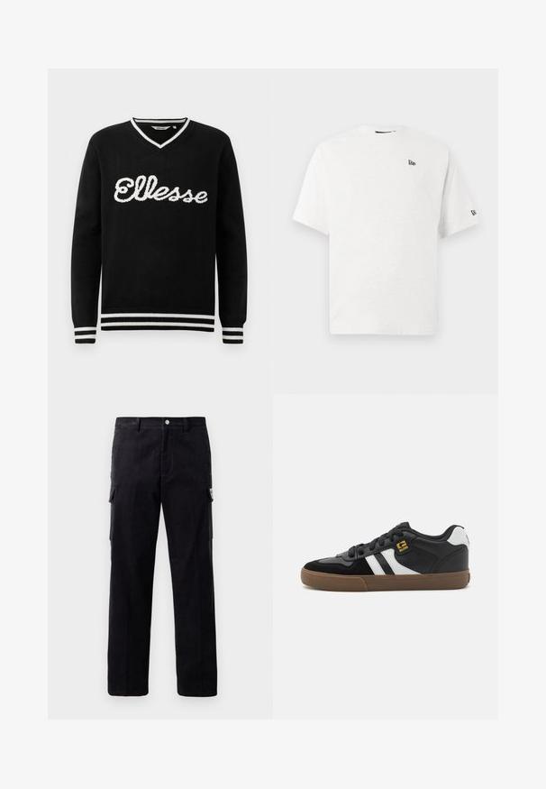 Schwarzer V-Ausschnitt-Pullover mit weißem "Ellesse"-Logo über der Brust und weißen Streifen an Kragen, Manschetten und Saum.; Weißes Baumwoll-T-Shirt mit kurzen Ärmeln, Rundhalsausschnitt und einem kleinen schwarzen Logo auf der linken Brust und dem rechten Ärmel.; Schwarze Corduroy-Cargo-Hose mit geradem Bein, Seitentaschen und einem sichtbaren Markenetikett an der rechten Tasche. Strukturierter Stoff.; Schwarz-weiße Sneakers mit einem Obermaterial aus Wildleder und Leder, ausgestattet mit weißen Streifen, schwarzen Schnürsenkeln und einer braunen Gummisohle. Mit goldenen Logo-Akzenten.