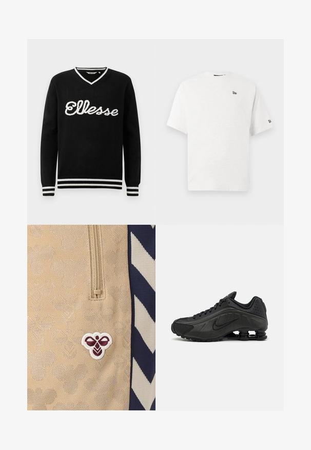 Schwarzer V-Ausschnitt-Pullover mit weißem "Ellesse"-Logo über der Brust und weißen Streifen an Kragen, Manschetten und Saum.; Weißes Baumwoll-T-Shirt mit kurzen Ärmeln, Rundhalsausschnitt und einem kleinen schwarzen Logo auf der linken Brust und dem rechten Ärmel.; Beiger Stoff mit einem bestickten kastanienbraun-weißen Bienenlogo, oben mit einem Reißverschluss und an der Seite mit einem marineblau-weißen Chevron-Muster.; Schwarze Laufschuhe mit einem glatten synthetischen Obermaterial, durchbrochenen Akzenten, strukturierten Seitenpaneelen und einer ausgeprägten federnden Sohle.