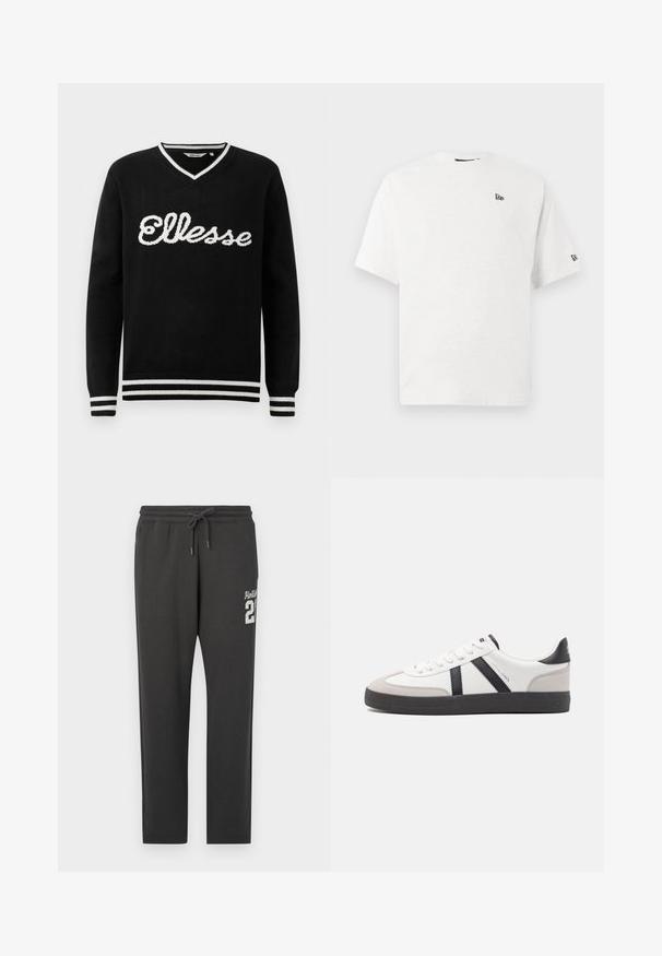 Čierny sveter s V-výstrihom a bielym logom "Ellesse" na prednej strane. Biely prúžok na golieri, manžetách a spodnom leme.; Biele bavlnené tričko s krátkymi rukávmi, okrúhlym výstrihom a malým čiernym logom na ľavej hrudi a pravej rukáve.; Tmavohnedé tepláky so elastickým pásom a šnúrkou, s bielym textom "Hollister 21" na hornej ľavej stehne.; Biele tenisky s čiernymi a šedými akcentmi, s textúrovanou šedou špičkou, čiernou gumovou podrážkou a plochými bielymi šnúrkami. Čistý dizajn, minimalistický štýl.