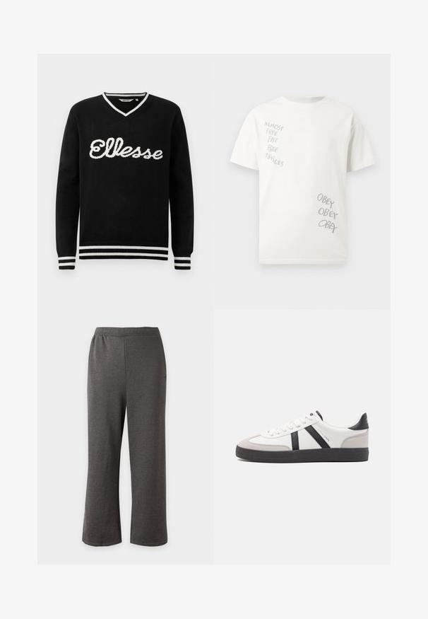 Čierny sveter s V-výstrihom a bielym logom "Ellesse" na prednej strane. Biely prúžok na golieri, manžetách a spodnom leme.; Biele tričko s krátkym rukávom so sivým textom vpredu: „TAKMER ZADARMO ZADARMO ZADARMO SLUŽBY“ na ľavej strane hrude a „POSLUŠ AJ POSLUŠ AJ POSLUŠ AJ“ v dolnej pravej časti.; Pravé tmavosivé nohavice s elastickým pásom, vyrobené z mäkkého, elastického materiálu, zobrazené na jednoduchom svetlom pozadí.; Biele tenisky s čiernymi a šedými akcentmi, s textúrovanou šedou špičkou, čiernou gumovou podrážkou a plochými bielymi šnúrkami. Čistý dizajn, minimalistický štýl.