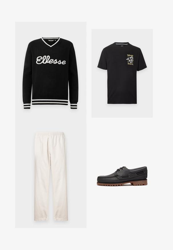 Zwarte V-hals trui met witte "Ellesse" logo op de borst en witte strepen op de kraag, manchetten en onderrand.; Zwart T-shirt met korte mouwen, met een kleine gele en witte afbeelding van een rennend paard en de tekst "Volcom Stone Co." op de linkerborst.; Lichtbeige broek met een elastische tailleband, rechte pijpen en een gladde katoentextuur. Eenvoudige, onopgesmukte stijl.; Zwart leren bootschoen met veters, ronde neus, gestructureerde bruine rubberen zool en gestikte leren zijkanten.