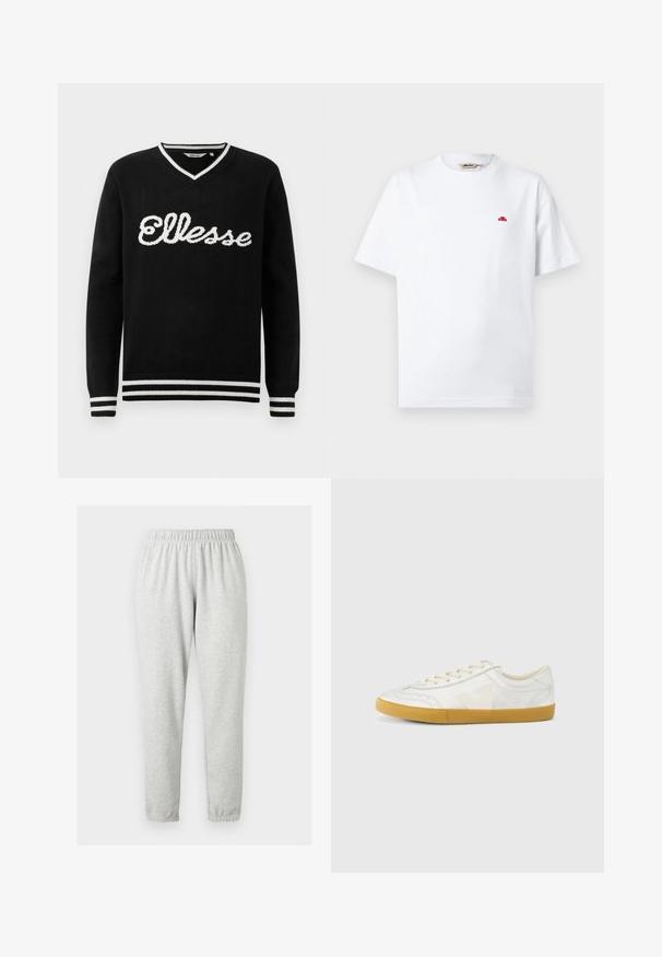 Mustvalge V-kaelusega sviiter, millel on rinnal valge "Ellesse" logo ja valged triibud krael, varrukaotstes ja allservas.; Valge lühikeste varrukatega T-särk, ümmarguse kaelusega, vasakul rinnal väike punane logo ja krae siseküljel brändi silt.; Helehallid täispikkused dressipüksid, millel on elastne vöökoht ja pahkluuotsad, eksponeeritud ühtlasel heledal taustal.; Valge nahast tennisejalanõu siidise tekstuuriga, millel on beež 'V' logo, ümara ninaga, paelaga kinnitatav ja kummeeritud tald.