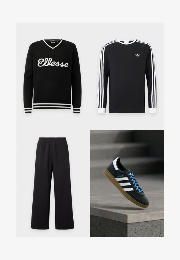 Čierny sveter s V-výstrihom a bielym logom "Ellesse" na prednej strane. Biely prúžok na golieri, manžetách a spodnom leme.; Čierne tričko s dlhým rukávom a bielym trojpásovým dizajnom na rukávoch. Má okrúhly výstrih a malý biely logo na hrudi.; Čierne nohavice so širokými nohavicami, elastickým pásom a jemným malým logom na hornej ľavej stehne, zobrazené na bielom pozadí.; Čierna teniska Adidas s bielymi pruhmi, modrými šnúrkami a gumovou podrážkou, ktorá sa vznáša nad sivým betónovým schodom v mäkkom svetle.