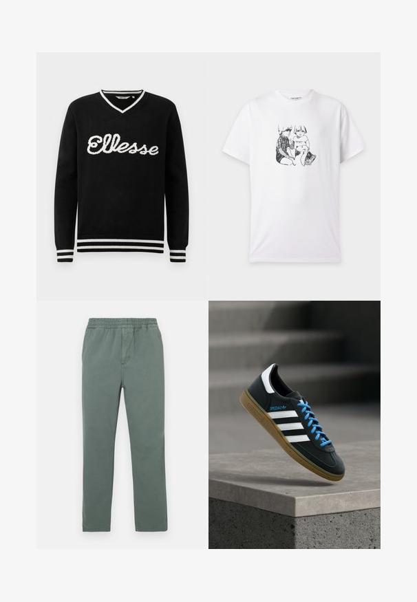 Zwarte V-hals trui met witte "Ellesse" logo op de borst en witte strepen op de kraag, manchetten en onderrand.; Wit t-shirt met een zwart-wit schets van twee zittende kinderen, één met een geruit overhemd en de ander een shirt met het Carhartt-logo.; Groene broek van katoenmix met een elastische tailleband, recht ontwerp en subtiele textuur. Voorzien van zijzakken en een centrale naad.; Zwarte Adidas-sneaker met witte strepen, blauwe veters en een gumzool die boven een grijze betonnen trede zweeft in zacht licht.