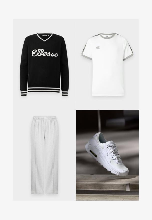 Čierny sveter s V-výstrihom a bielym logom "Ellesse" na prednej strane. Biely prúžok na golieri, manžetách a spodnom leme.; Biely tričko s krátkym rukávom, šedým golierom a manžetami, čiernymi a šedými pruhmi na rukávoch a logom Umbro na hrudi.; Sivé tepláky s elastickým pásom, rovnými nohavicami a jemnými postrannými švami. Vyrobené z mäkkého, ľahkého materiálu. Minimalistický dizajn.; Biele tenisky Nike Air Max 90 s vrchnou časťou z kože a sieťoviny, perforovanou špičkou a viditeľnou vzduchovou jednotkou v päte.