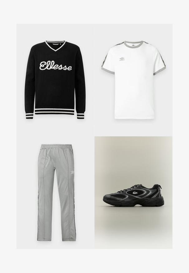 Čierny sveter s V-výstrihom a bielym logom "Ellesse" na prednej strane. Biely prúžok na golieri, manžetách a spodnom leme.; Biely tričko s krátkym rukávom, šedým golierom a manžetami, čiernymi a šedými pruhmi na rukávoch a logom Umbro na hrudi.; Svetlošedé športové nohavice Umbro s elastickým pásom a čierno-bielymi bočnými pruhmi, vystavené na bielom pozadí.; Čierne a šedé atletické tenisky s sieťkovými panelmi, šnurovací dizajn, hrubá podrážka a malá krokodílová logo na boku.