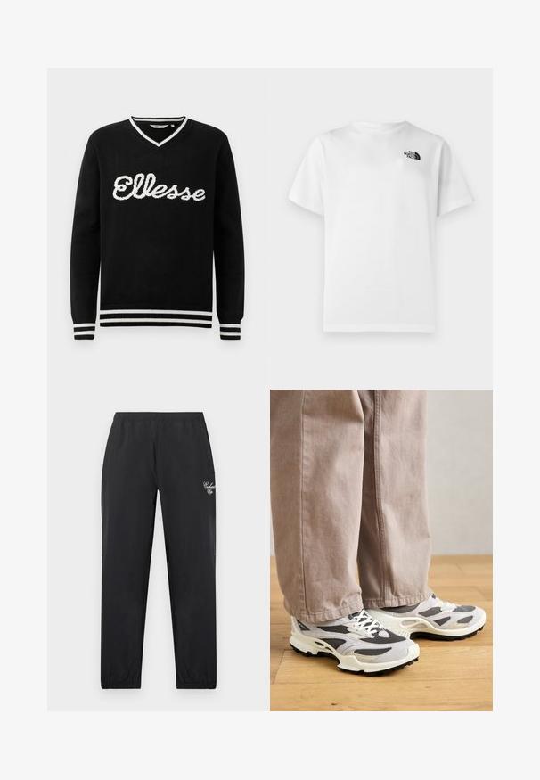 Zwarte V-hals trui met witte "Ellesse" logo op de borst en witte strepen op de kraag, manchetten en onderrand.; Wit katoenen T-shirt met korte mouwen en een ronde hals. Voorzien van een klein zwart logo aan de bovenkant aan de linkerkant. Glad oppervlak.; Zwarte taps toelopende trainingsbroek met elastische tailleband en boorden, zijzakken en witte scriptlogo op de rechterdij.; Persoon in beige wijde broek en grijs-witte sport sneakers staat op houten vloer.