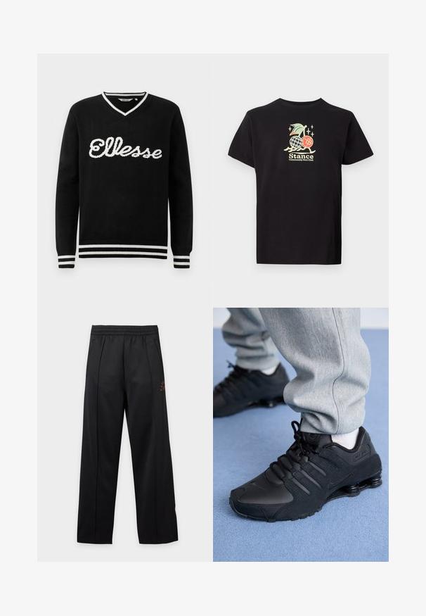 Schwarzer V-Ausschnitt-Pullover mit weißem "Ellesse"-Logo über der Brust und weißen Streifen an Kragen, Manschetten und Saum.; Schwarzes Baumwoll-T-Shirt mit einem bunten Grafikdruck, der eine Ananas und Kirschen zeigt. Der Text lautet "Stance Community Run Club." Mit kurzen Ärmeln.; Schwarze weite Hosen mit elastischem Bund und seitlichen Taschen, mit subtilen vertikalen Nähten und minimalem Textdetail am rechten Oberschenkel.; Person in schwarzen Nike Shox Sneakers und grauen Jogginghosen, der auf einem hellblauen Teppich steht.