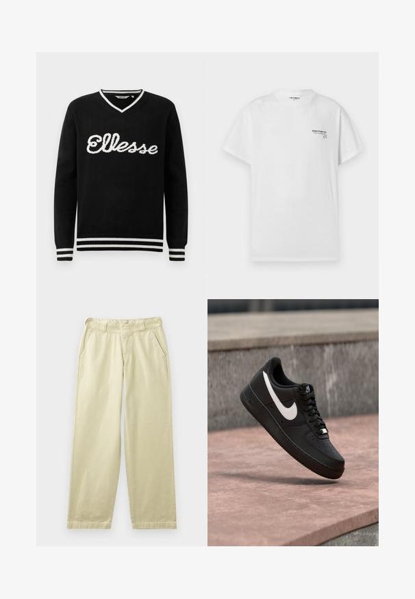 Schwarzer V-Ausschnitt-Pullover mit weißem "Ellesse"-Logo über der Brust und weißen Streifen an Kragen, Manschetten und Saum.; Weißes T-Shirt mit kurzen Ärmeln aus Baumwolle und Rundhalsausschnitt. Mit einem kleinen schwarzen Logo auf der linken Brust. Normale Passform.; Beige Baumwollhosen mit lockerem Schnitt, ausgestattet mit Seitentaschen, Gürtelschlaufen und geraden Beinen. Glatte Textur mit minimalen Nahtdetails.; Schwarzer Nike Air Force 1 Sneaker mit weißem Swoosh-Logo, der über einer Steinformation schwebt, vor einem grauen strukturierten Hintergrund.