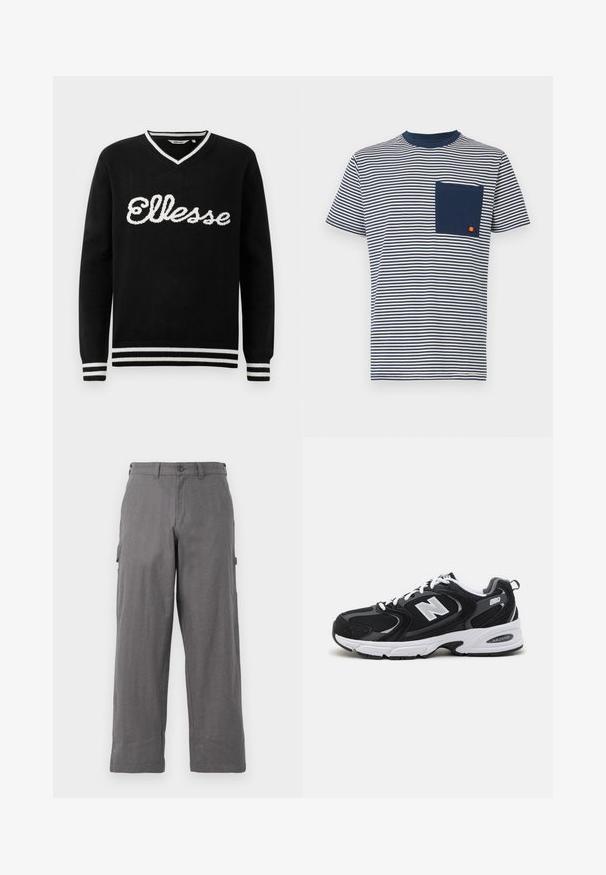 Mustvalge V-kaelusega sviiter, millel on rinnal valge "Ellesse" logo ja valged triibud krael, varrukaotstes ja allservas.; Ellesse HIRST TEE - Trükipildiga T-särk - navy; Hallide hallid püksid otse lõikega, valmistatud vastupidavast kangast. Omavad küljetaskuid ja nööpkinnihoidjat vööl.; Must värvi ja hallid spordijalatsid, mille ülemine osa on valmistatud võrgust ja nahast, valge vaheosaga, paeltega ja küljel julge "N" logo.