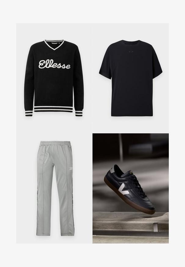 Sort V-hals sweater med hvid "Ellesse" logo over brystet og hvide striber på kraven, manchetterne og kanten.; Sort kortærmet T-shirt lavet af letvægtsstof, med rund hals, raglanærmer og et diskret logo på brystet.; Lys grå Umbro sportbukser med elastisk talje og sort-hvide sidelister, præsenteret mod en hvid baggrund.; Sort lædersneaker med hvid V-logo, snørebånd foran, perforerede detaljer og brunt gummisål; slankt design med minimale accenter.
