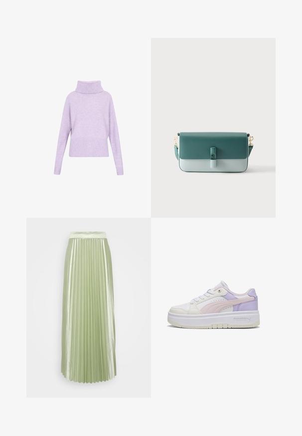 Pull lilas avec un col roulé à côtes hautes, des épaules tombantes et un ourlet côtelé. Fabriqué à partir d'un tissu doux avec une texture lisse.; Jupe plissée en satin vert clair avec une large taille et des plis verticaux, créant une silhouette lisse et fluide.; Basket blanche avec empiècements rose pastel et violet, semelle épaisse blanche, logo Puma sur le côté et lacets blancs, présentée de côté sur fond uni.; Sac à main rectangulaire en cuir vert bicolore avec fermeture à rabat, boucle frontale et bandoulière amovible avec attaches dorées.
