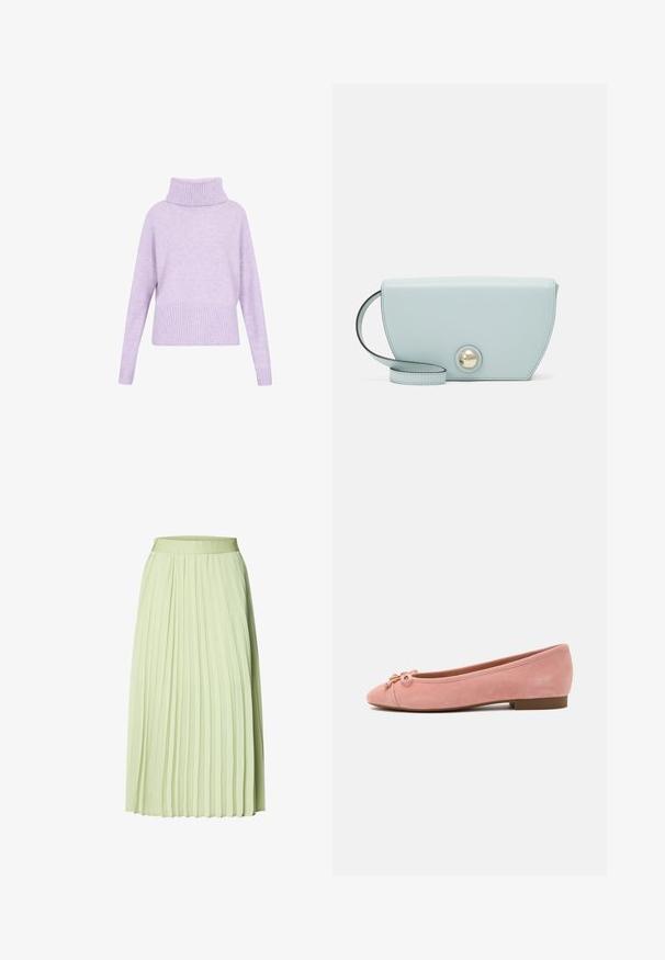 Lilla sweater med en høj ribbet rullekrave, drop-skulder og ribbet kant. Fremstillet af blødt stof med en glat tekstur.; Lysegrøn midilang plisseret nederdel med et tætsiddende taljebånd og jævnt fordelte vertikale folder.; Blød lyserød ruskind balletflat med lille sløjfe og gyldent accent på afrundet tå, lav hæl og glat sål.; Lysblå læderhåndtaske med en halvmåneform, der har en dekorativ, rund guldknap og en tynd rem. Glat tekstur, minimalistisk design.