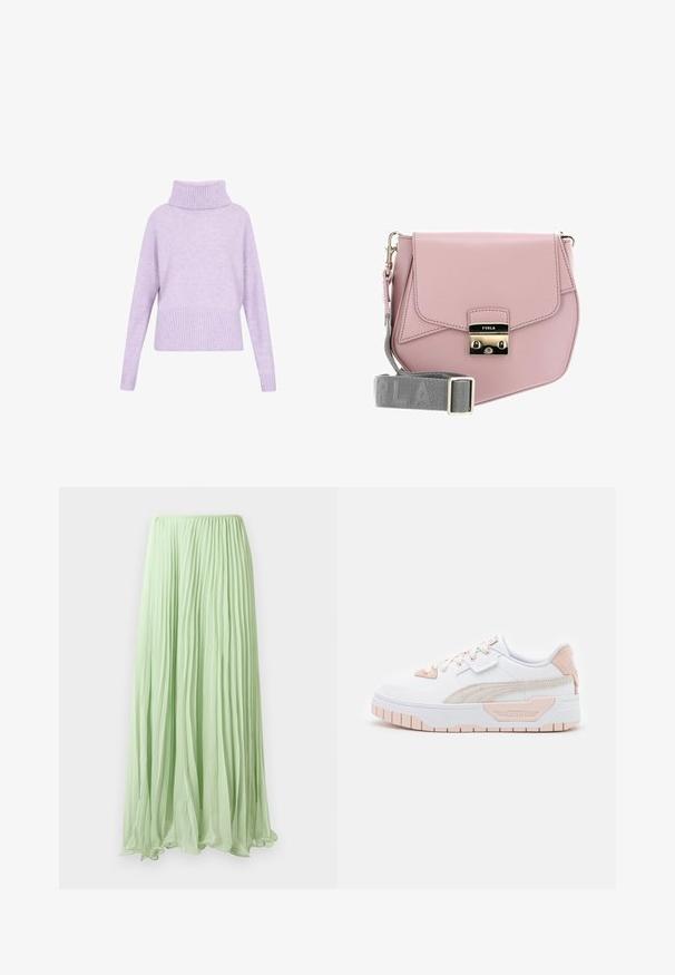 Pull lilas avec un col roulé à côtes hautes, des épaules tombantes et un ourlet côtelé. Fabriqué à partir d'un tissu doux avec une texture lisse.; Jupe longue plissée vert clair avec un tissu fluide et une taille élastique, présentée sur un fond blanc.; Baskets blanches avec accents roses. Tige lisse en synthétique, bande latérale texturée, bout rond, semelle en caoutchouc plate et fermeture à lacets.; Sac à bandoulière en cuir rose avec un rabat, quincaillerie argentée, et une bandoulière grise arborant le nom de la marque. Texture lisse, design minimaliste.