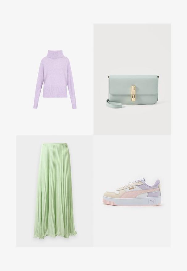 Lilla sweater med en høj ribbet rullekrave, drop-skulder og ribbet kant. Fremstillet af blødt stof med en glat tekstur.; Lys grøn plisseret lang skirt lavet af let stof med elastisk talje, præsenteret mod en hvid baggrund.; Herresneakers i creme, pink og lavendel, fremstillet af syntetisk læder, med hvide snørebånd, en tyk hvid sål og guld logo accenter.; Lyseblå læder clutch med guldfarvet rektangulært spænde og aftagelig håndledsrem på hvid baggrund.